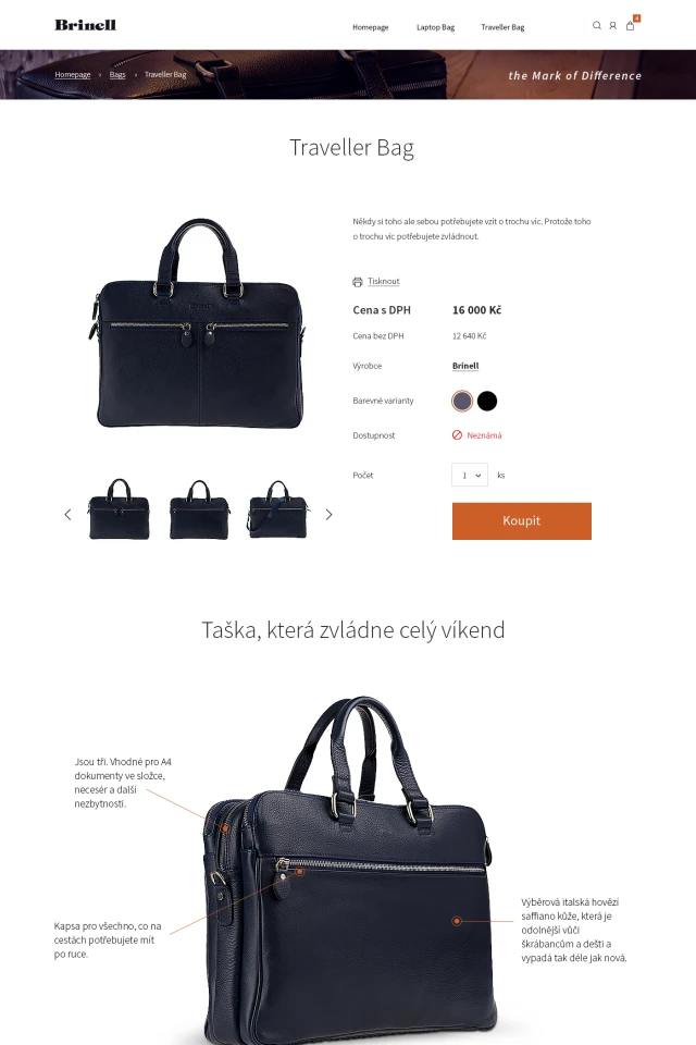 Webdesign pro značku aktovek Brinell - detail Traveller
